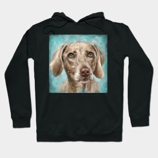 Painting of a n Adorable Grey Brown Weimaraner Dog on Blue Background Hoodie